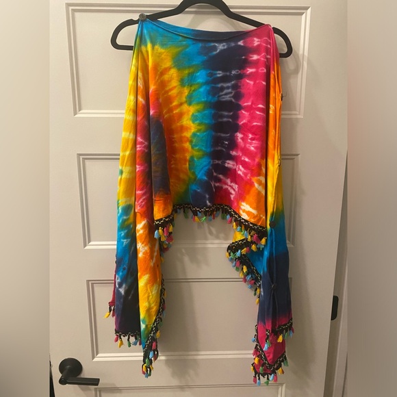 Colorful Tie-Dye Boho Bell Sleeved Shirt w/ Fringe~ Can Also Be Worn As A Scarf - Picture 1 of 14